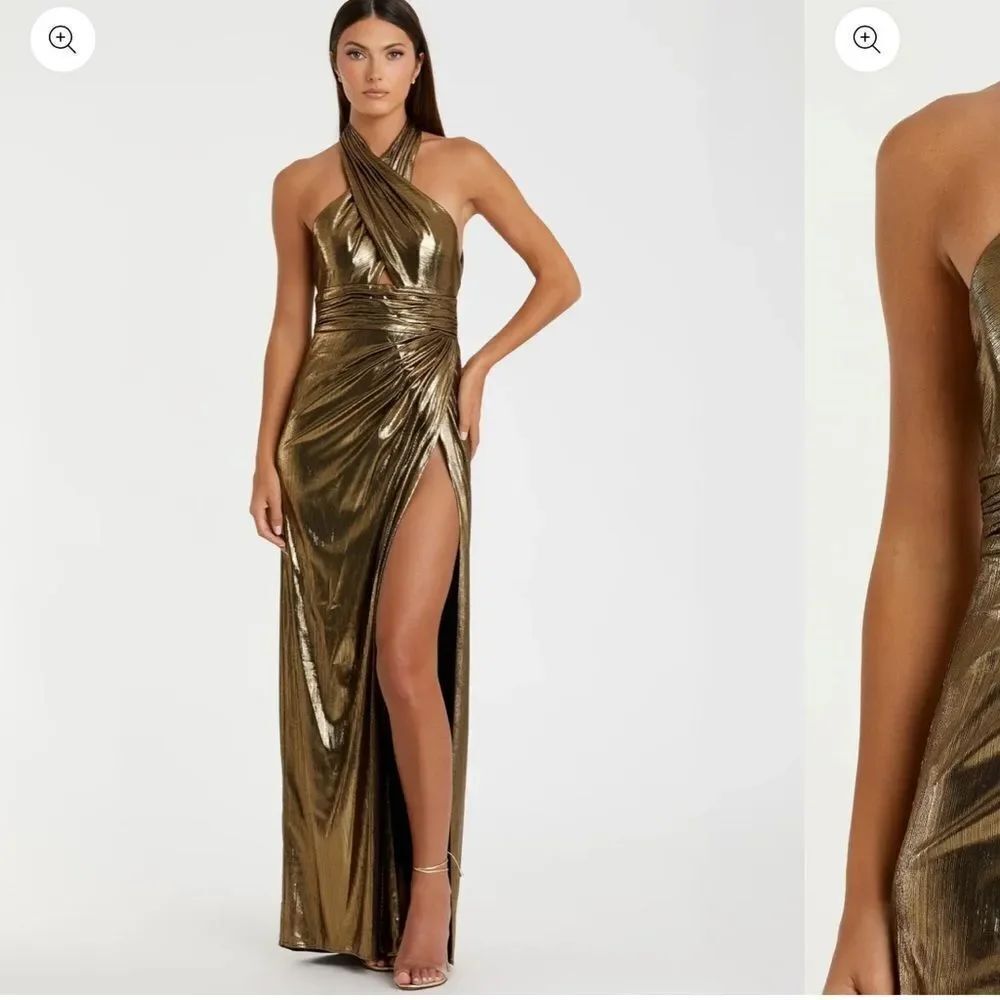 IEENA FOR MAC DUGGAL 26738 Gold Metallic Criss Cross Halter Neck Gown